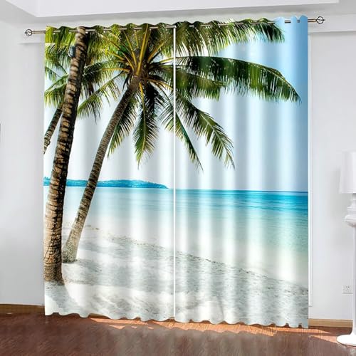 Gualiy Cortinas para salón, opacas, 137 x 244 cm, diseño de palmeras y mar, para dormitorio, juego de 2 unidades