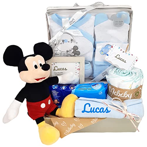 Mababyshop, Mi Canastilla Fantasía Disney, Canastilla Bebe Personalizada, Set de Primera Puesta para recien nacido, Pañales, Peluche y Muselina Personalizada (Azul Mickey)