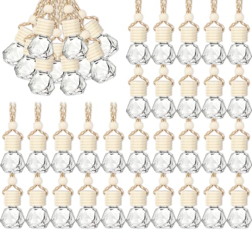 Image of Whaline 30Pcs Oil Air Freshener Diffuser Car Hanging Rhombus Bottle Empty Glass Perfume Bottle Pendant with Funnel Pipette for Essential Oil Fragrance Aromatherapy Vial Decor, 8 ML