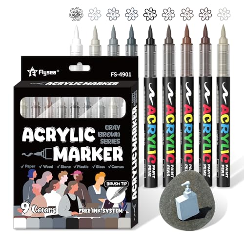 Alitastro 9 Gray Brown Paint Pens Waterproof Brush Tip Acrylic Markers