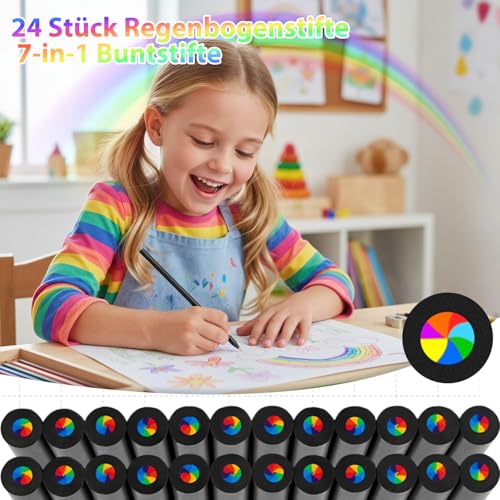 Kunoli 24 Stück Regenbogenstifte, 7-in-1 Buntstifte für Kinder Erwachsene, Mitgebsel Kindergeburtstag, Mehrfarbiger Buntstifte für Zeichnen,Färben,Schul, Ostergeschenke Kinder