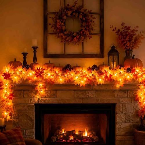 3 Pack Fall Garland Maple Leaf 6.5ft Fall Leaves Garland with Light - image 1
