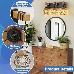 Rustic style wood bathroom wall sconce3 light bathroom vanity light fixtures with boho wicker twine lampshadesuitable for bedroom hallway and living roomrattan black farmhouse wall sconce  urban country home decor