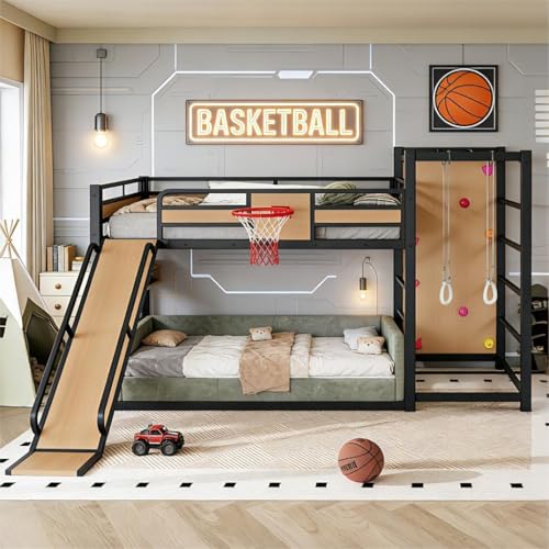 Image of Bellemave Full Over Full Bunk Beds for Kids with Slide, Basketball Hoop & Climbing Wall, Heavy Duty Metal Full Size Bunk Bed with Guardrails, Low Bunk Bed for Bedrooms, No Box Spring Needed, Yellow