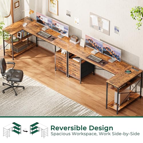 Huuger L Shaped Desk with Power Outlets, 63 Inch Reversible Computer Desk with 3 Drawers and Shelves, Home Office Table for Corner Work Study Writing Gaming, Rustic Brown