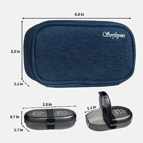 Image of Serfeymi Weekly Travel Pill Organizer 2 Times A Day AM PM Upgraded Black Pill Box 7 Day with Portable Zipper Canvas Pill Case, Medicine Organizer for Pills, Vitamins, Supplements, Fish Oils - Blue 01