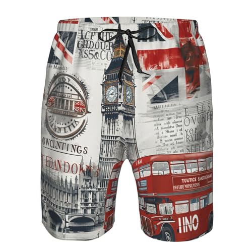 London City Britain Flag Bus and Big Ben Vintage Men's Quick Dry Swim Trunks Surfing Beach Mesh Board Shorts4