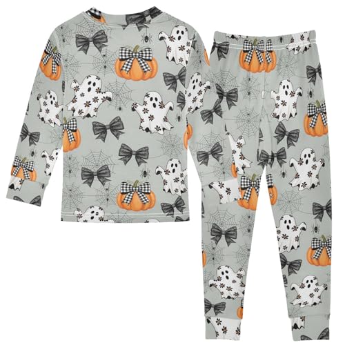 Pajama Sets Long Sleeve Halloween Ghosts Pumpkins Bow Soft Comfy Sleepwear 2 Piece PJS 3-8T3