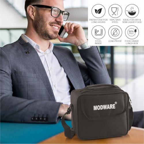 Image of MODWARE Happy Meal Stainless Steel Lunch Box Set with Leakproof Containers, Insulated Carry Bag, and Juice Tumbler - Perfect for Office, School, and Travel (Black)