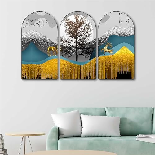 Image of Livin'luxe Golden Deer Abstract Wall Art 3 Panel Set | Modern Nature-Inspired Painting on MDF | Elegant Wall Hanging for Living Room Bedroom Office Home Decor (30 x 50 Inch) RPNL-77