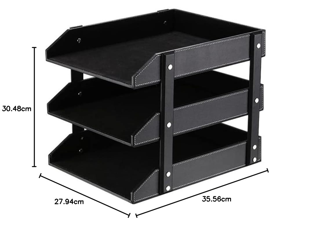 Organizer da scrivania in pelle, impilabile, ideale per riporre documenti, cartelle, cancelleria, riviste, giornali, posta, forniture per ufficio (nero a 3 livelli)