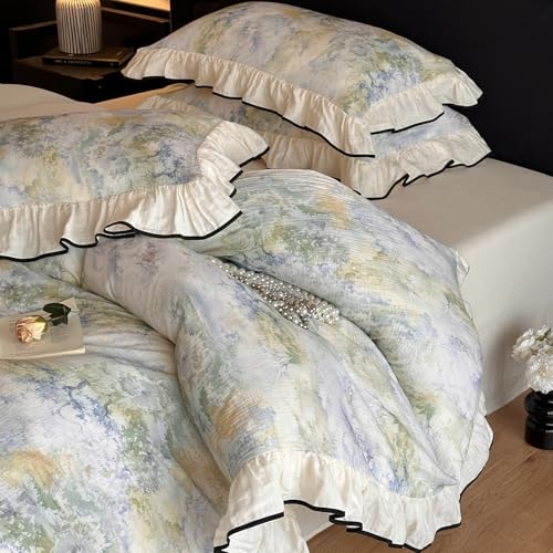 VM VOUGEMARKET Muslin Cotton Duvet Cover Set King Shabby Watercolor Duvet Cover with Ruffles Soft Linen Like Gauze Comforter Cover with Zip Closure and Corner Ties- 104"x90"