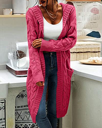 Image of Women Hooded Open Front Cardigan Cable Knit Chunky Long Sweater Coats