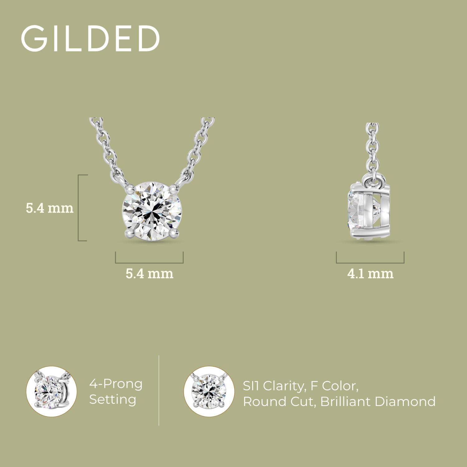 GILDED 1/2 CTTW Lab-Grown Diamond Solitaire Pendant, Sterling Silver, 18" Chain, Tarnish-Resistant, Ethical Jewelry, Gift-Ready for Women