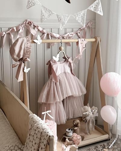 Image of Bow Knot Garland | 6ft Linking Satin Bow Banner with 3ft Extend Ribbon for Coquette Bachelorette Party, Baby Shower,Bridal Shower Wedding Baby Room Bed Decor (Lace Pennant Banner, 4.9ft)