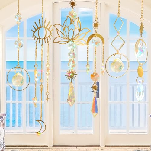 Sun Catcher Crystal Wind Chime, Pack of 6 Crystal Pendant Decoration, Gold Moon Star Rainbow Crystals Pendant - Image 4