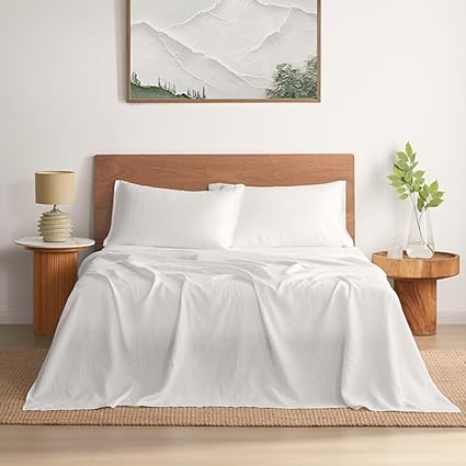 DAPU Pure Linen Sheets Set, 100% French Linen from Normandy, Breathable and Durable for Hot Sleepers, 4 Pcs Set - 1 Flat Sheet, 1 Fitted Sheet, 2 Pillowcases (White, King)