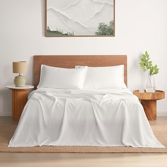 DAPU Pure Linen Sheets Set, 100% French Linen from Normandy, Breathable and Durable for Hot Sleepers, 4 Pcs Set - 1 Flat Sheet, 1 Fitted Sheet, 2 Pillowcases (White, King)