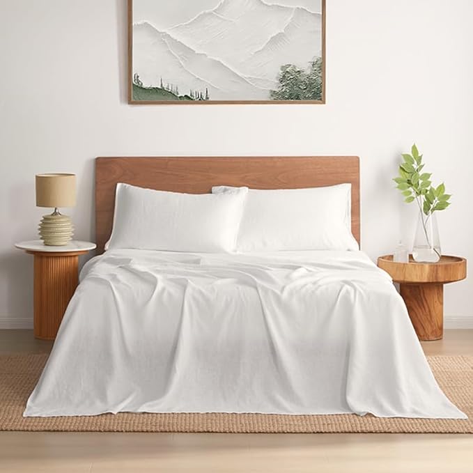 DAPU Pure Linen Sheets Set, 100% French Linen from Normandy, Breathable and Durable for Hot Sleepers, 4 Pcs Set - 1 Flat Sheet, 1 Fitted Sheet, 2 Pillowcases (White, King)