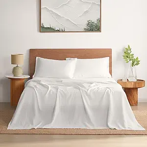 DAPU Pure Linen Sheets Set, 100% French Linen from Normandy, Breathable and Durable for Hot Sleepers, 4 Pcs Set - 1 Flat Sheet, 1 Fitted Sheet, 2 Pillowcases (White, California King)