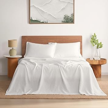 DAPU Pure Linen Sheets Set, 100% French Linen from Normandy, Breathable and Durable for Hot Sleepers, 4 Pcs Set - 1 Flat Sheet, 1 Fitted Sheet, 2 Pillowcases (White, King)