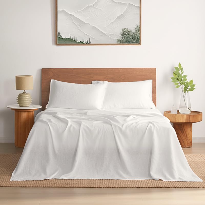 DAPU Pure Linen Sheets Set, 100% French Linen from Normandy, Breathable and Durable for Hot Sleepers, 4 Pcs Set - 1 Flat Sheet, 1 Fitted Sheet, 2 Pillowcases (White, California King)