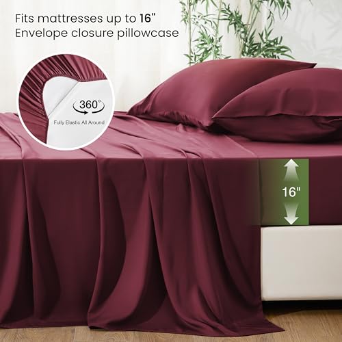 Image of Love's cabin 4 Piece Full Size Sheet Set, 100% Rayon Derived from Bamboo, Cooling & Breathable, Soft Silky Deep Pocket up to 16 inch, Hotel Luxury Bedding for Hot Sleepers, Burgundy