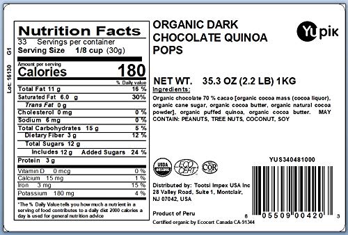 Miniatura 2 de Yupik Quinoa inflada cubierta de chocolate negro orgánico, 70% de cacao, 2.2 libras (35.2 onzas), sin gluten, sin OMG, kosher, vegana, quinoa pops,