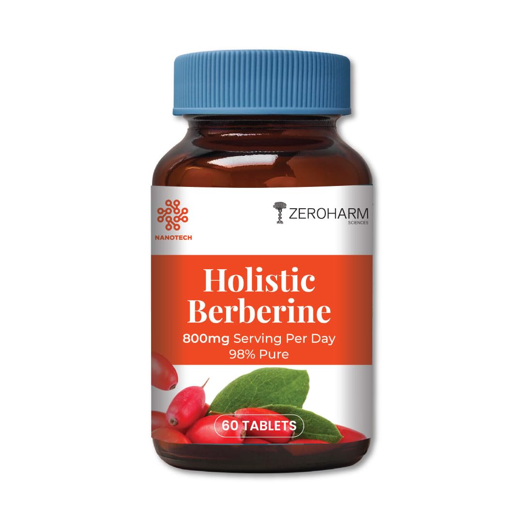 ZEROHARM Holistic 98% Pure Berberine - 800mg Berberine Extract Per Day - Nanoformulated Supplement- Supports Blood Sugar, Heart Health, Cholestrol Management, PCOS/PCOD - Men & Women - 60 Tablets