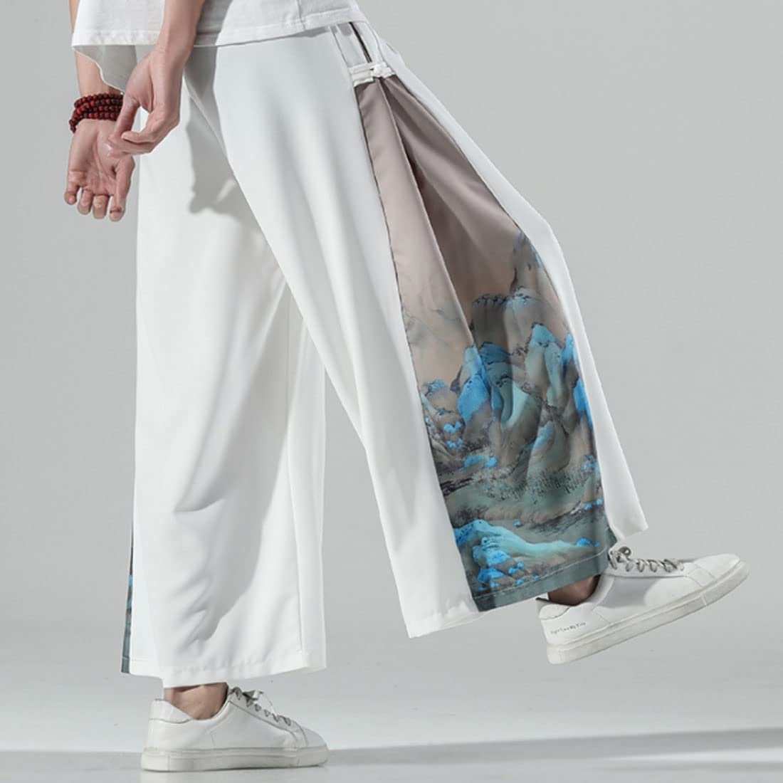 HZCX FASHION Mens Wide Leg Palazzo Pants Elastic Waist Yoga Painting Patch Slack(White,Small)