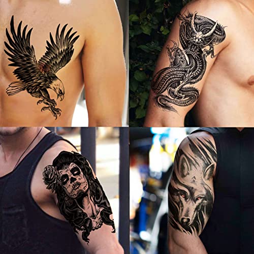 Vantaty 50 Sheets Black Temporary Tattoos For Men Adults Ealge Dragon Lion Wolf Animals, Fake Small Temporary Tattoos For Women Neck Arm Thigh, Skull Tattoo Sticker For Kids Children Boys Girls Tatoos #TOP1
