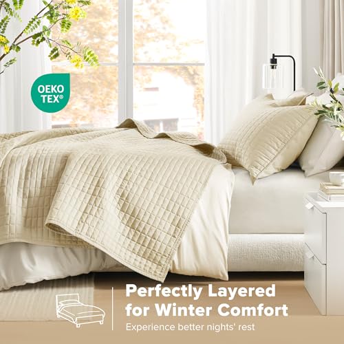 Comfort Spaces Kienna Quilt Set- Double Sided Stitching Design Summer Blanket, Lightweight, Soft, All Season Bedding Layer, Matching Sham, Ivory, Coverlet King (104"x90") 3 Piece