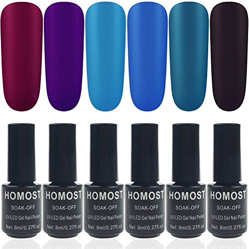 HOMOST Matte Gel Nail Polish Set,Purple Burgundy Blue Black Gel Nail Polish 6 Colors Starter Kit