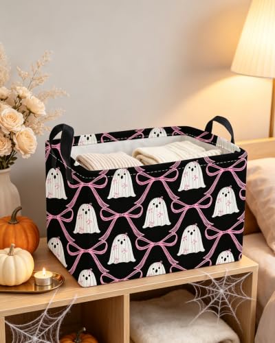 Image of Essme Rectangular Halloween Basket,Ghost Storage Bins Organizer with Handles for Room Decor, Gift Basket,Shelf Basket.(Bow Ghost)
