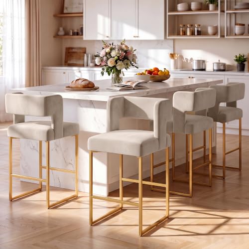 Image of Counter Height Bar Stools Set of 2, Taupe Velvet Bar Chair Gold Leg | 26 inch Seat Height Fits Standard Kitchen Islands, Upholstered Barstools, Back Support, Square Metal Legs, Footrest