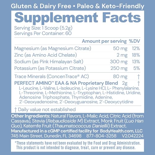 Image of BodyHealth PerfectAmino Electrolytes Powder No Sugar, Keto Sugar Free Fasting Electrolytes Drink Mix, Hydration Powder with Trace Minerals - Watermelon - 60 Servings