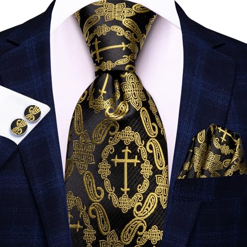 Image of Hi-Tie Mens Plaid Ties Classic Paisley Necktie with Handkerchief Cufflinks Set Business Stripe Tie