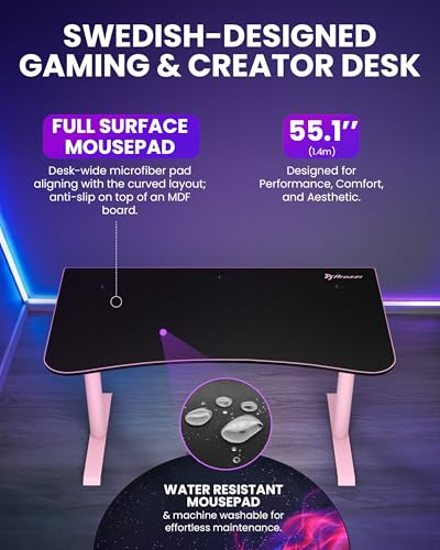 Image of Arozzi Arena Medium Gamer Desk - 55x30 inch Steel Frame PC Gaming Desk with Storage for Cables & Dual-Monitor Support - Full-Surface Washable Mousepad - Pink