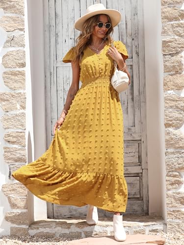 Image of PRETTYGARDEN Womens Dresses 2026 Summer Maxi Dress Boho Short Sleeve V Neck Swiss Dot Ruffle Tiered Smocked Flowy Long Dress