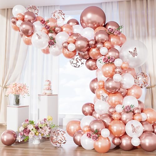 Adeyoo Rose Gold Balloon Arch Kit Garland - 127Pcs Rose Gold Balloons with White Latex Balloons Glitter Confetti Balloon for Girl Women Birthday Baby Bridal Shower Wedding Retirement Party Decoration
