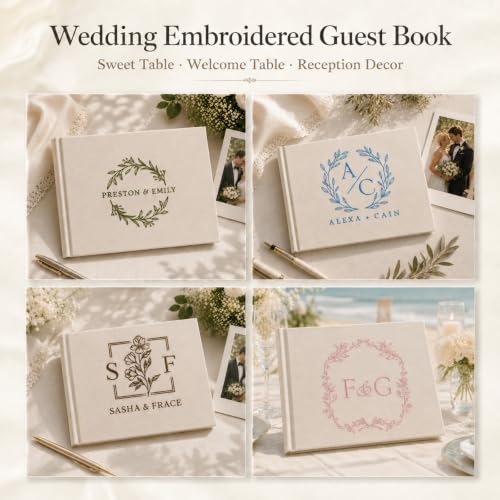 Image of Custom Embroidered Wedding Guest Book, Personalized Linen Hardcover