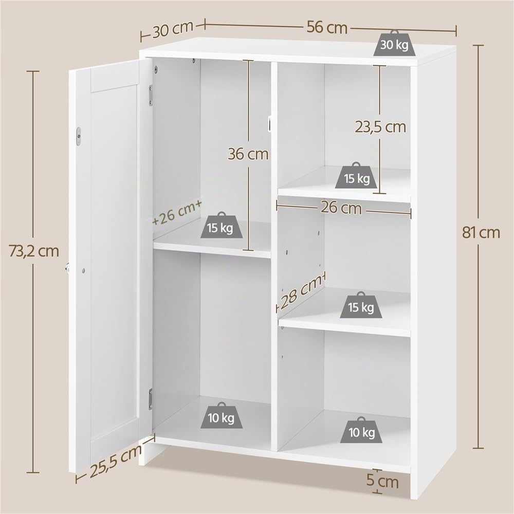 Yaheetech Salle de Bain Moderne avec Porte Unique 56 cm×30 cm×81 cm, Blanc | Meuble de Rangement avec Compartiment Ouvert et Étagères Réglables, Armoire Rangement pour Salle de Bains/Salon/Bureau
