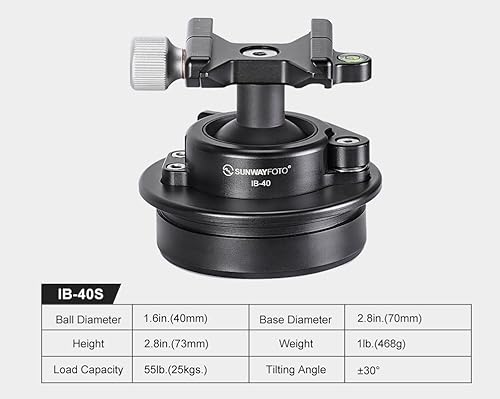 Miniatura 8 de Sunwayfoto IB-40S Cabeza de bola sistemática de perfil bajo de 1.575 in para trípode con bloqueo de palanca y abrazadera compatible con Arca/RRS