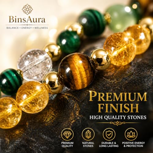 Image of BinsAura Dhan Yog Bracelet for Wealth, Prosperity & Success | Pyrite, Citrine, Tiger Eye, Green Aventurine & Hematite Crystal Bracelet for Men & Women | Adjustable 8mm Beads