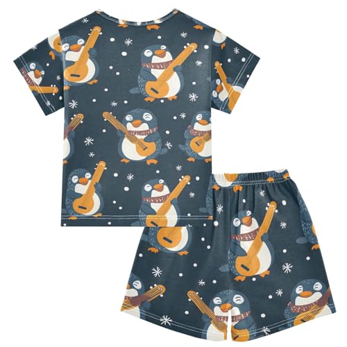 ALAZA Christmas Guitar Penguin Snowflake Pajamas Set Short Sleeve Cotton Sleepwear Summer Pjs 2 Piece 5-14Y2