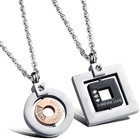 Topsue his & hers Matching Set Titanium Stainless Steel Couple "Forever Love" Pendant Necklace (One Pair)