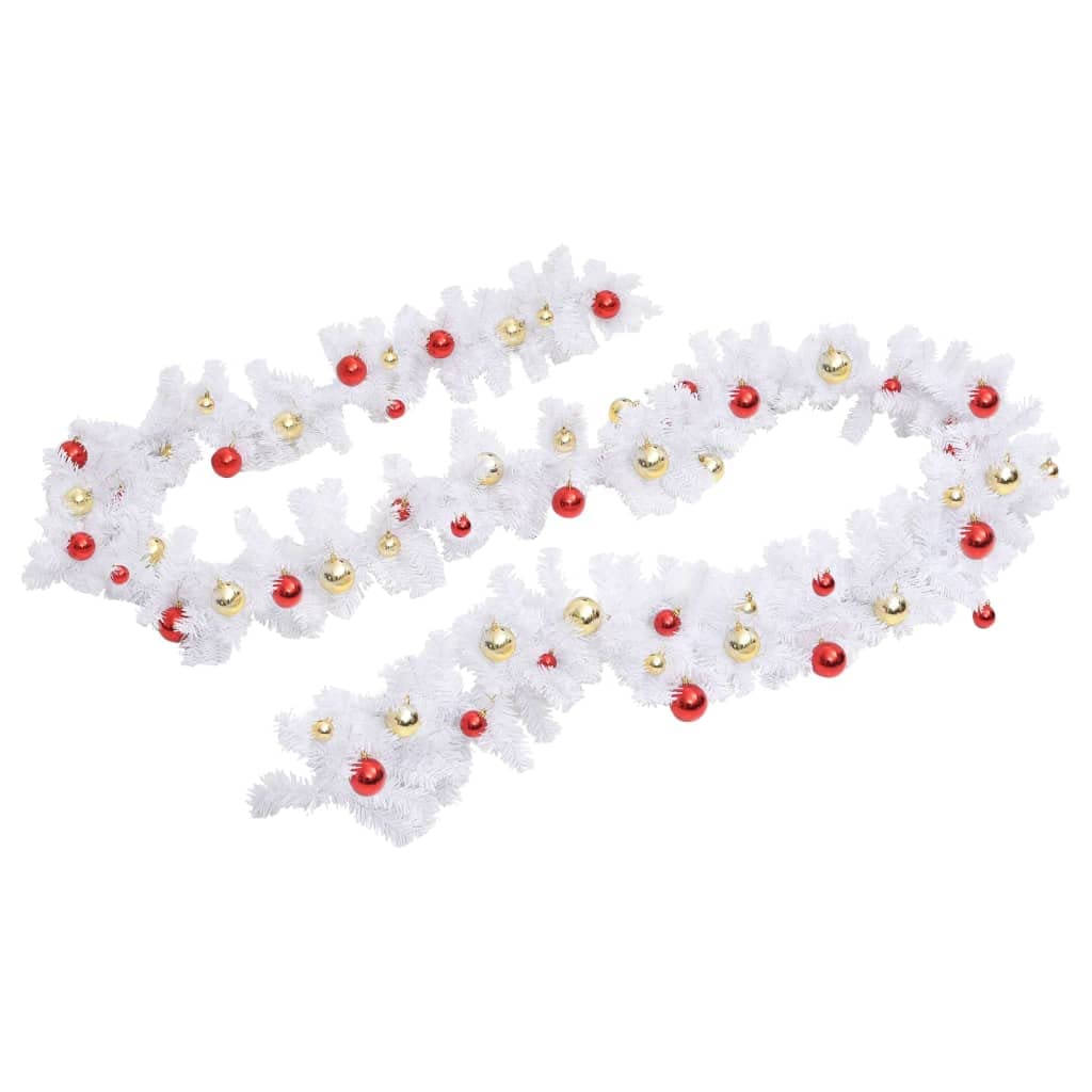 Weihnachtsgirlande Weiß mit Kugeln und Zweigen 10 m Länge, PVC wetterfest, für Innen und Außen, mit 32 roten und goldenen Kugeln, ideal zum Schmücken von Geländer, Kamin