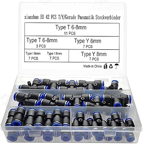 xianzhanEU 42 STK Pneumatik Steckverbinder, T/Y/Gerade Schnellsteckverbinder für Die Schnelle Verbindung von Luftleitungen, mit Box (6mm/8mm) Cover