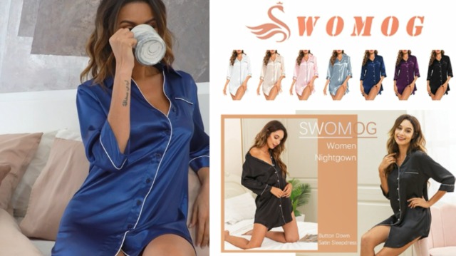 HBZDQB Women's Satin Sleepshirt – 3/4 Sleeve V-Nightgown With Pocket, Button Down Nightwear - View #13
