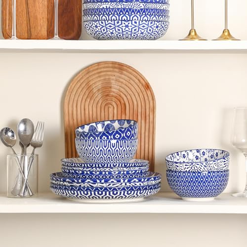 Image of Selamica Ceramic Plates and Bowls Sets,18 Pieces Retro Floral Dinnerware Sets for 6,Dishwasher & Microwave Safe dish set,Family & Holiday Dining, Vintage Blue
